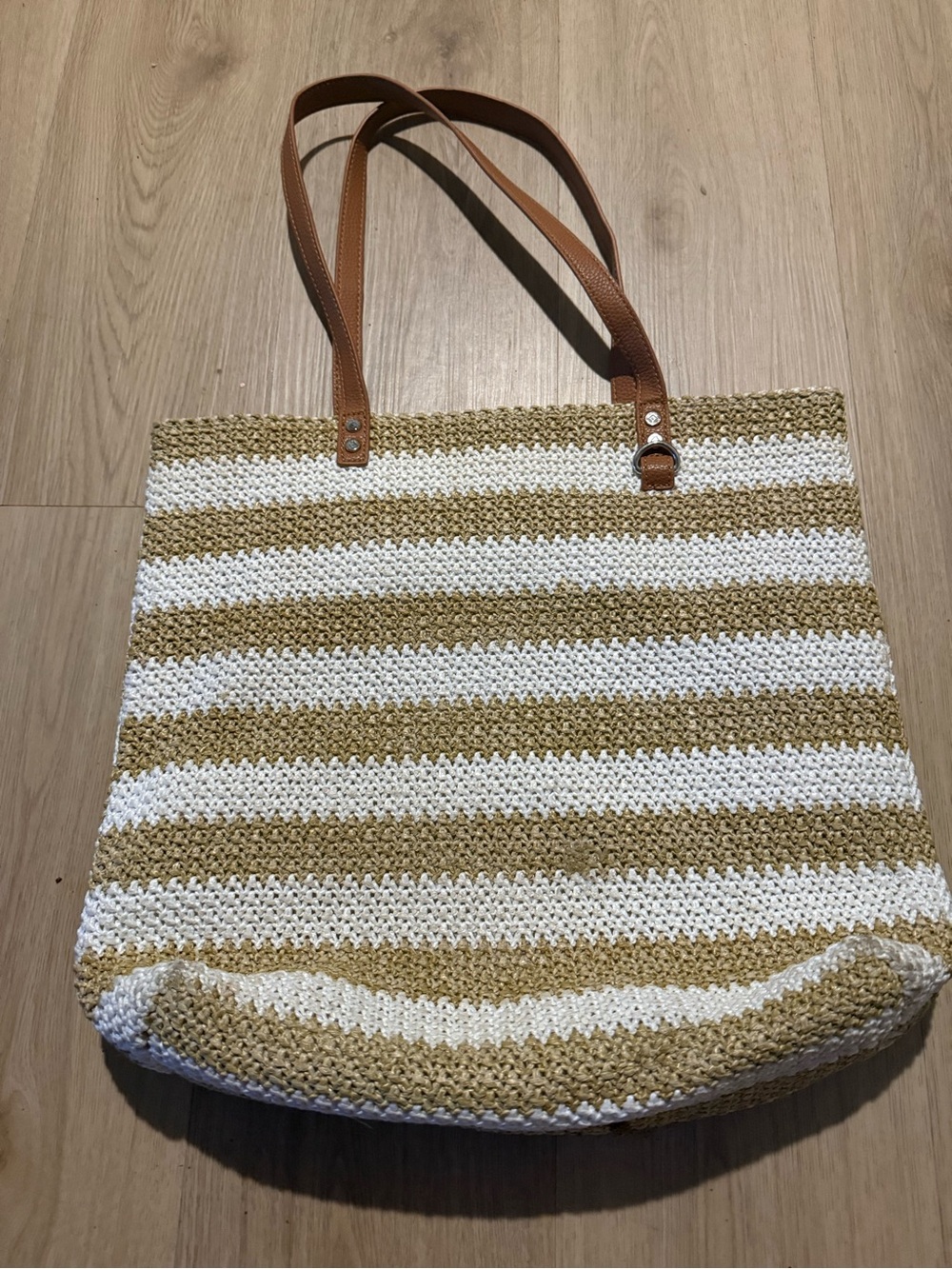 Striped White and Tan Crochet Tote with Brown Handles